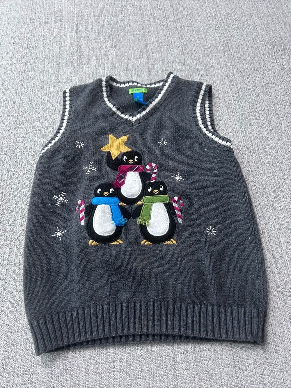 greendog Charcoal V-Neck Knit Vest White Trim & Penguins Size 7X